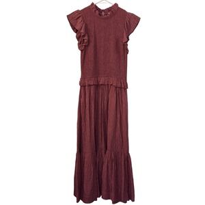 Sea New York Rose Silk Blend Smocked Ruffle Tiered Maxi Dress Small Pockets